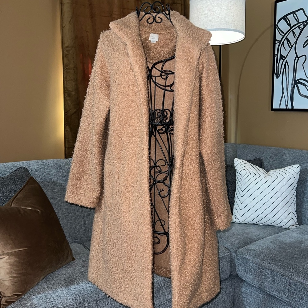 a new day, long camel “teddy” coat
